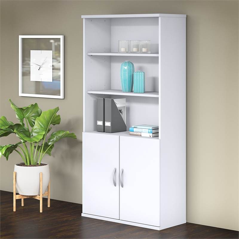 Pemberly Row 5 Shelf Bookcase with Doors in White - Engineered Wood
