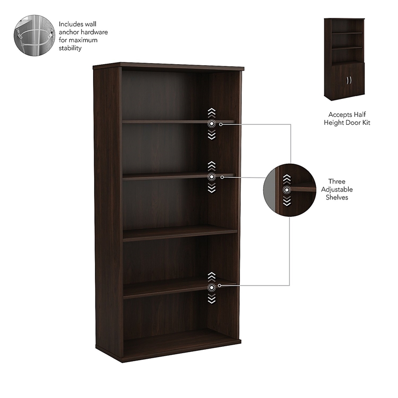 Pemberly Row Tall 5 Shelf Bookcase in Black Walnut - Engineered Wood
