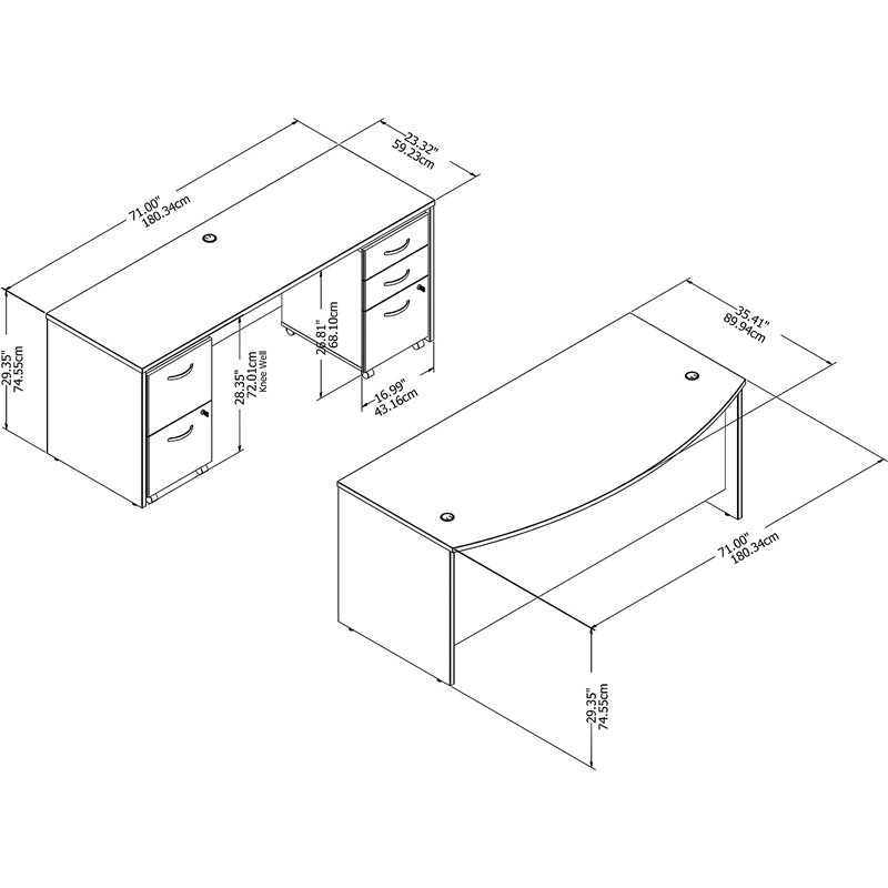 Pemberly Row Engineered Wood 72W Bow Front Desk with Drawers & Credenza in Gray