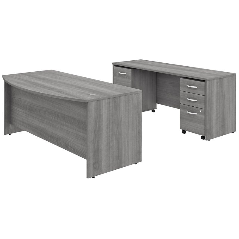Pemberly Row Engineered Wood 72W Bow Front Desk with Drawers & Credenza in Gray