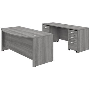Pemberly Row Engineered Wood 72W Bow Front Desk with Drawers & Credenza in Gray