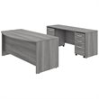 Pemberly Row Engineered Wood 72W Bow Front Desk with Drawers & Credenza in Gray