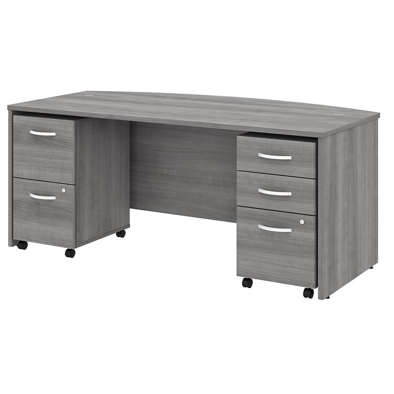 Pemberly Row Engineered Wood 72W Bow Front Desk w/ Mobile File Cabinets in Gray