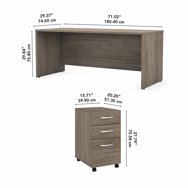 Pemberly Row Engineered Wood 72W x 30D Office Desk w/ Drawers in Modern Hickory