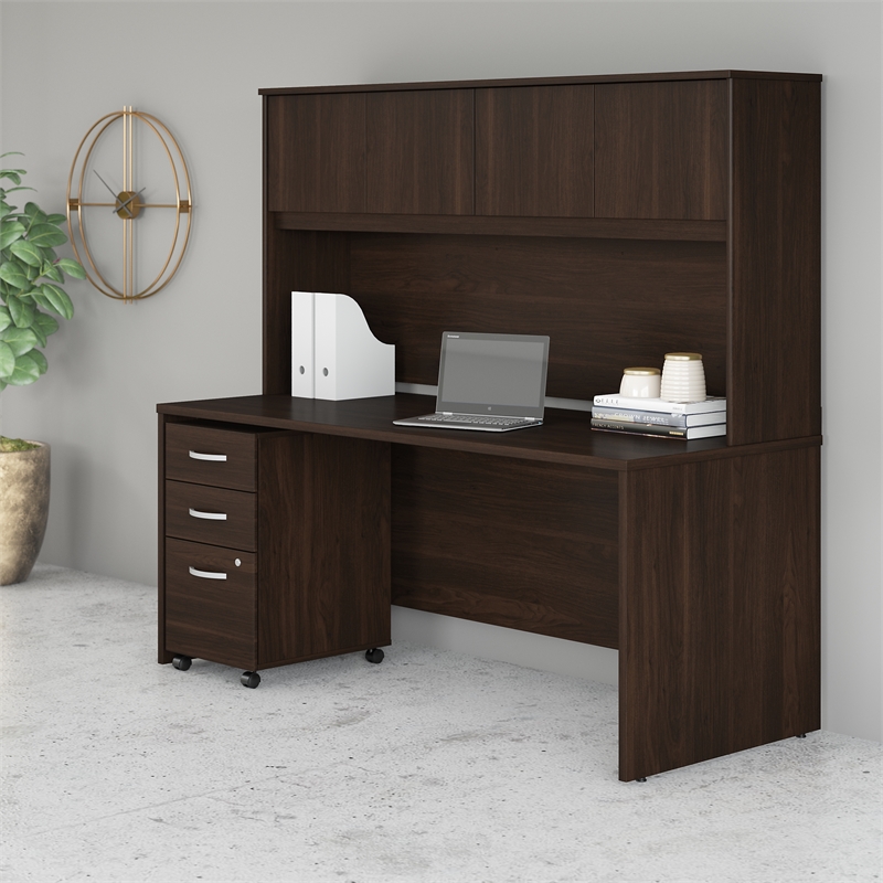 Pemberly Row Engineered Wood 72W x 30D Desk w/ Hutch & Drawers in Black Walnut