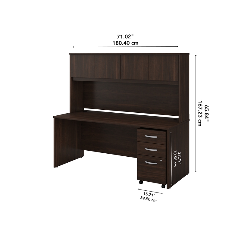 Pemberly Row Engineered Wood 72W x 30D Desk w/ Hutch & Drawers in Black Walnut