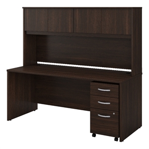 Pemberly Row Engineered Wood 72W x 30D Desk w/ Hutch & Drawers in Black Walnut