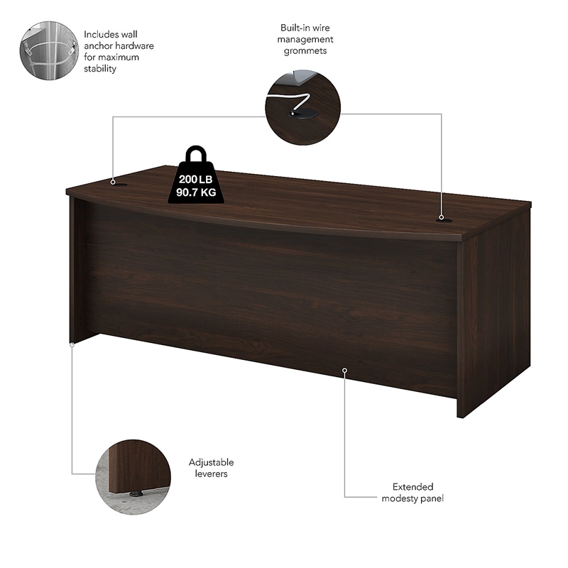 Pemberly Row 72W x 36D Bow Front Desk in Black Walnut - Engineered Wood