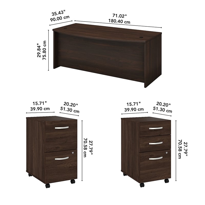 Pemberly Row Engineered Wood 72W x 36D Bow Front Desk w/ Drawers in Black Walnut