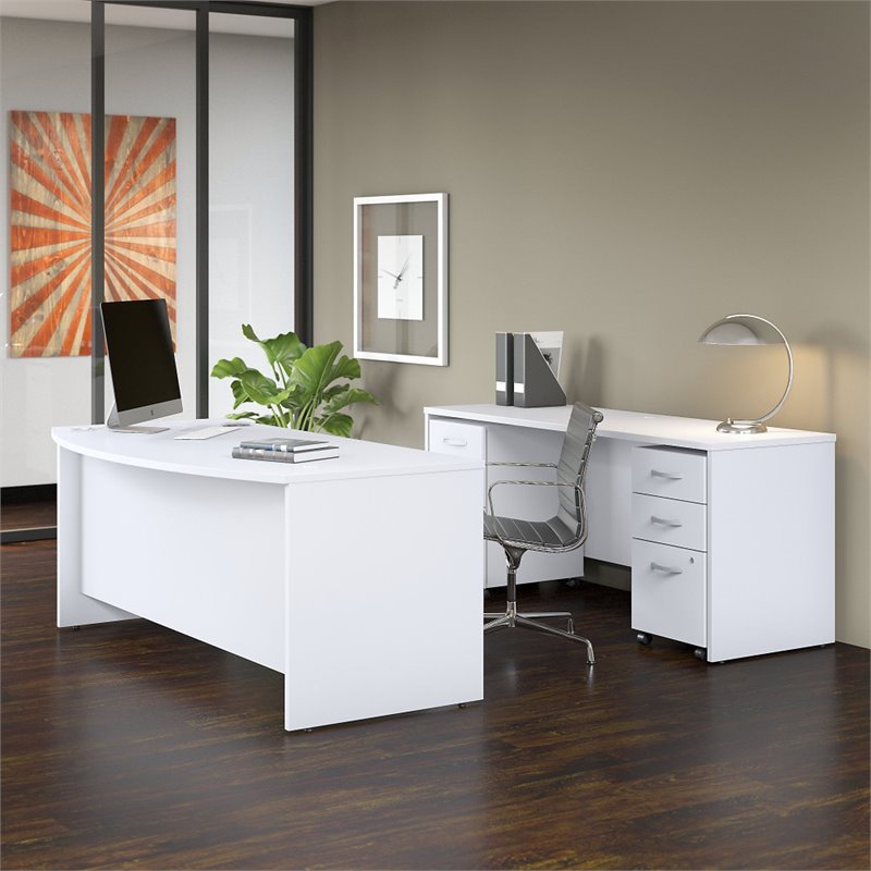 Pemberly Row Engineered Wood 72W Bow Front Desk & Credenza w/ Drawers in White