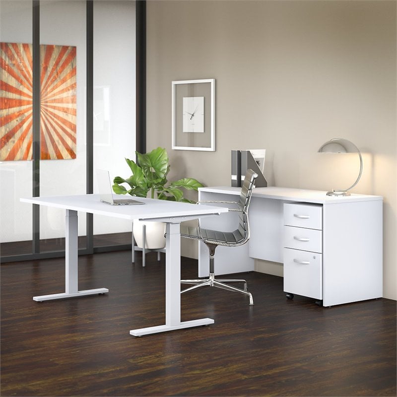 Pemberly Row 60W Height Adjustable Standing Desk Set in White - Engineered Wood