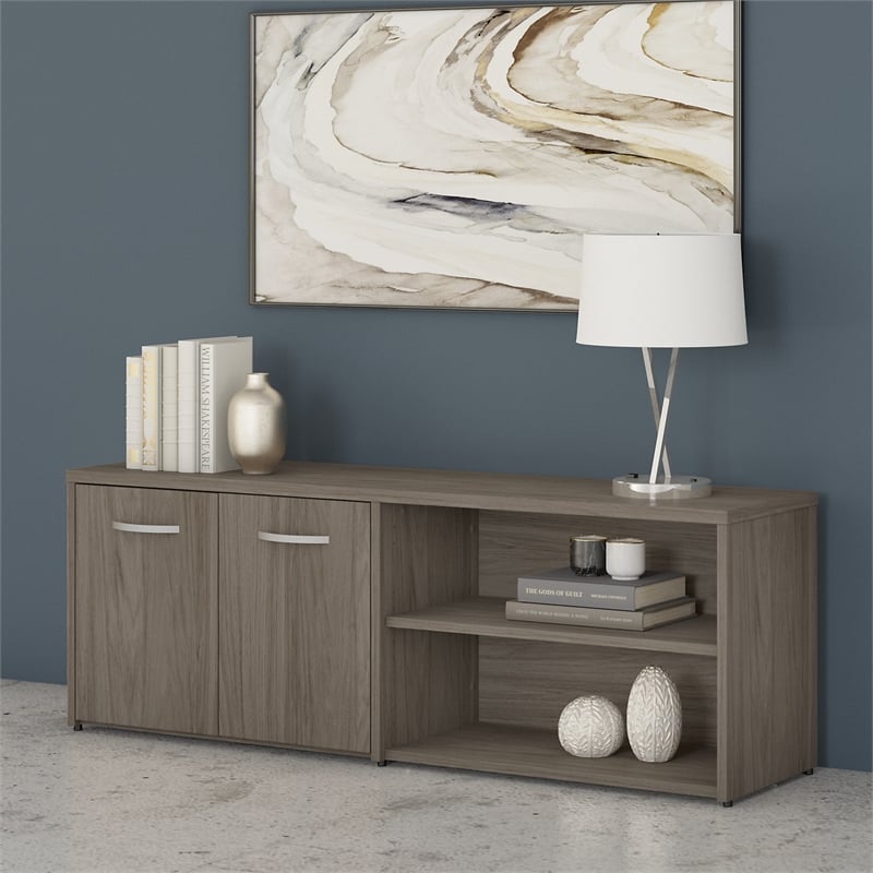 Pemberly Row Low Storage Cabinet with Doors in Modern Hickory - Engineered Wood