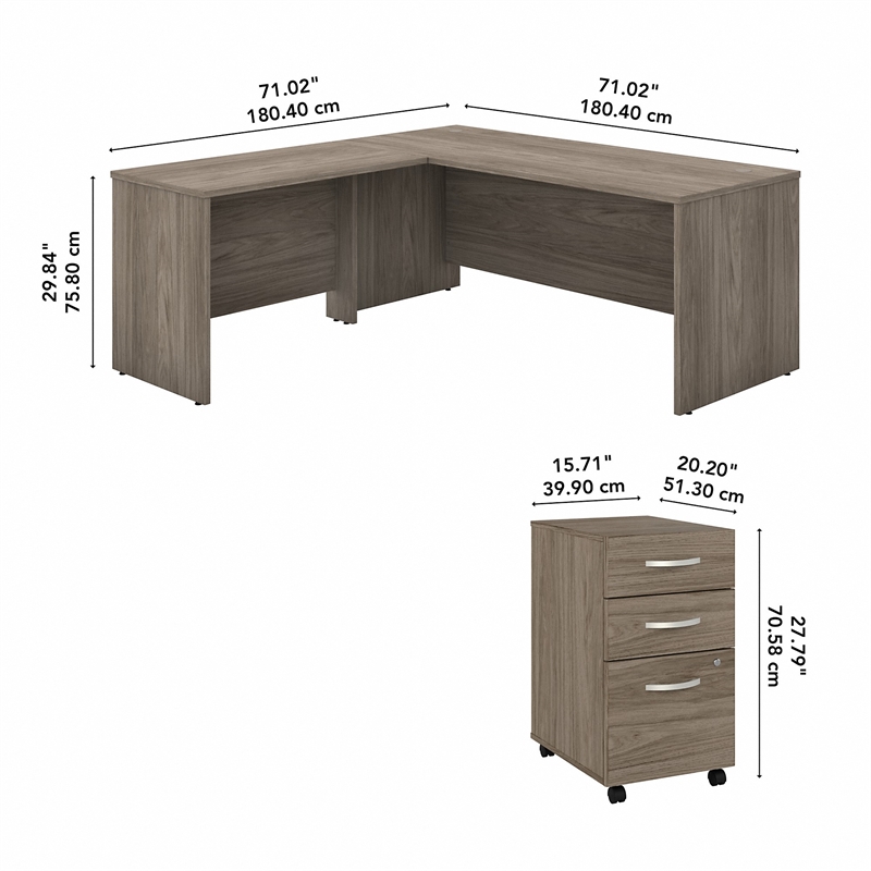 Pemberly Row 72W L Shaped Desk with Drawers in Modern Hickory - Engineered Wood