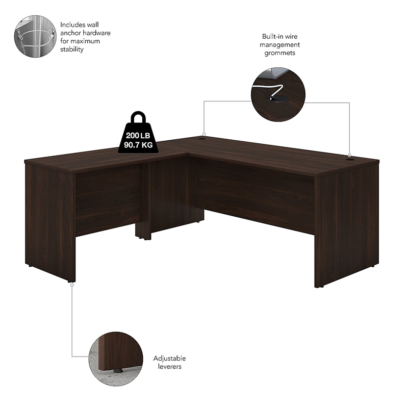 Pemberly Row 72W L Shaped Desk with 42W Return in Black Walnut - Engineered Wood