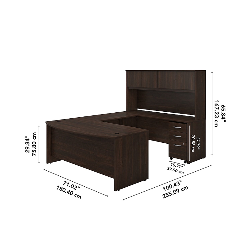Pemberly Row 72W U Desk with Hutch and Drawers in Black Walnut - Engineered Wood