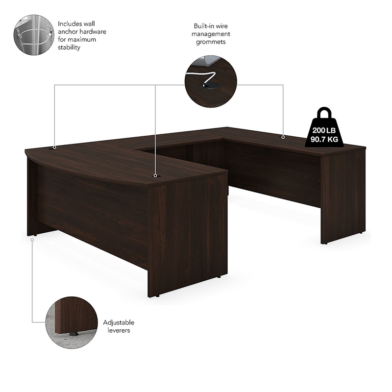 Pemberly Row 72W U Desk with Hutch and Drawers in Black Walnut - Engineered Wood