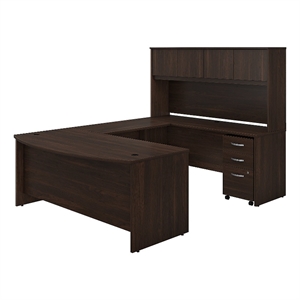 pemberly row 72w u desk with hutch and drawers in black walnut - engineered wood