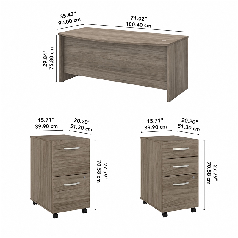 Pemberly Row 72W Bow Front Desk with Drawers in Modern Hickory - Engineered Wood
