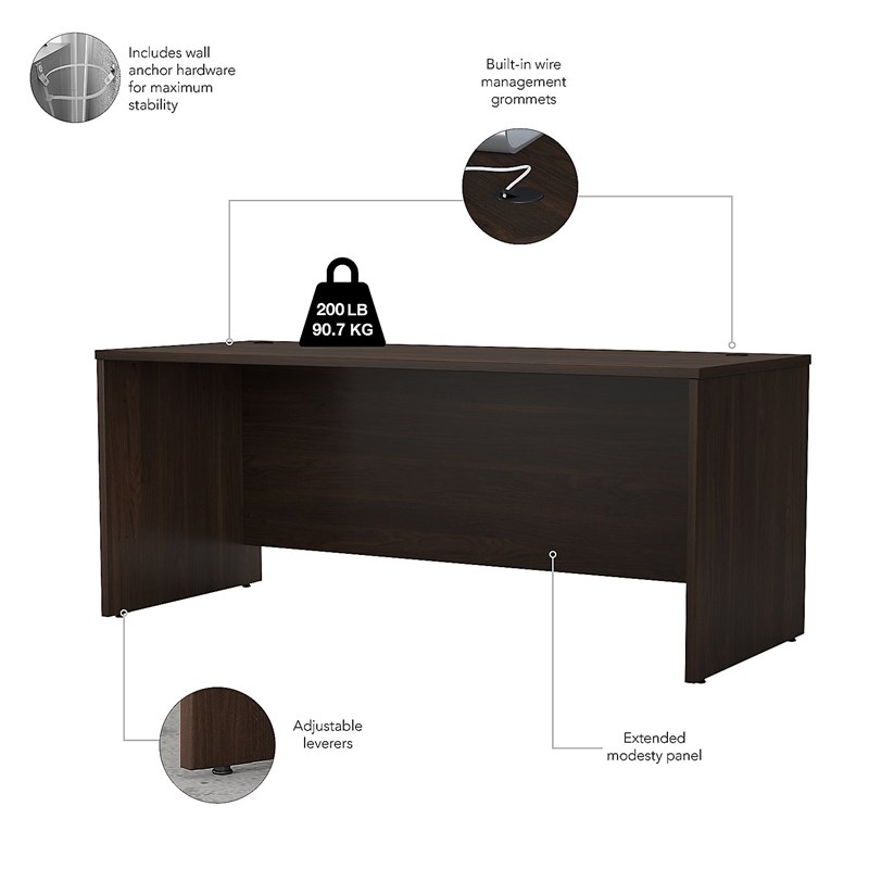Pemberly Row Engineered Wood 72W x 30D Office Desk with Drawers in Black Walnut
