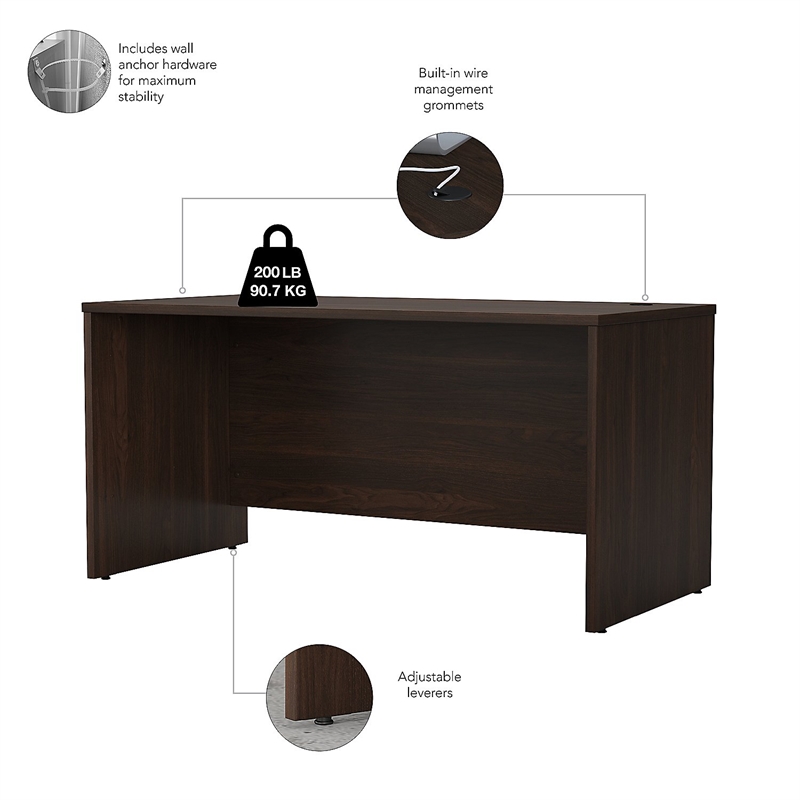 Pemberly Row Engineered Wood 60W x 30D Office Desk with Drawers in Black Walnut