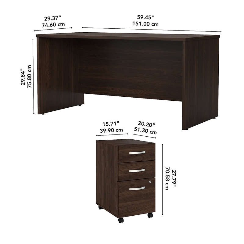 Pemberly Row Engineered Wood 60W x 30D Office Desk with Drawers in Black Walnut
