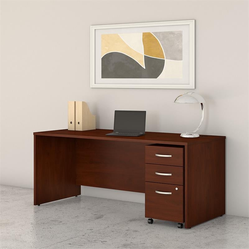 Pemberly Row Engineered Wood 72W Desk with Mobile File Cabinet in Hansen Cherry