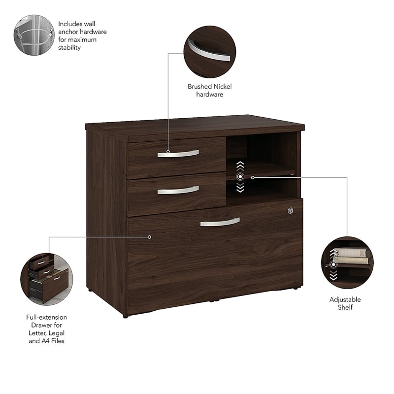 Pemberly Row Engineered Wood Office Storage Cabinet with Drawers in Black Walnut