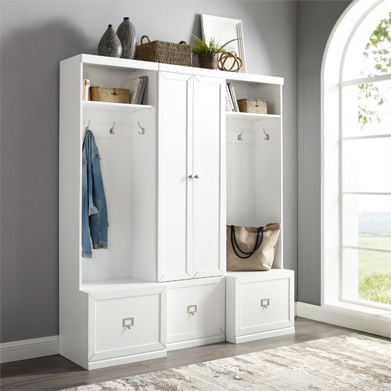 Pemberly Row 3-Piece Modern Wood Entryway Set with Coat Rack Hooks in White