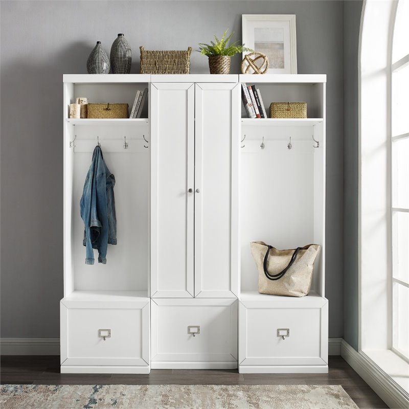 Pemberly Row 3-Piece Modern Wood Entryway Set with Coat Rack Hooks in White