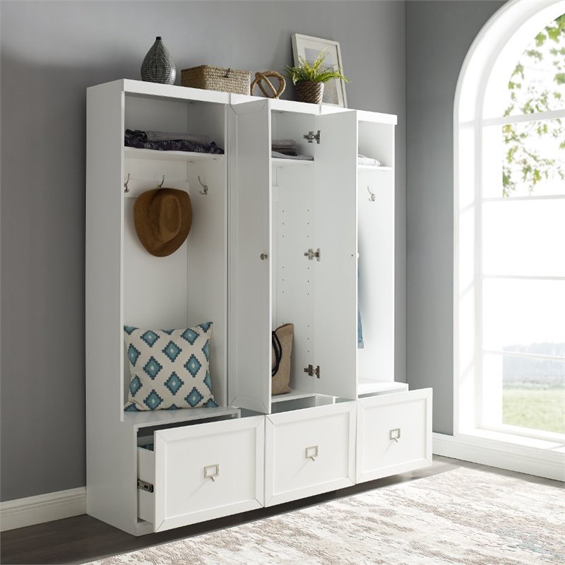 Pemberly Row 3-Piece Modern Wood Entryway Set with Coat Rack Hooks in White