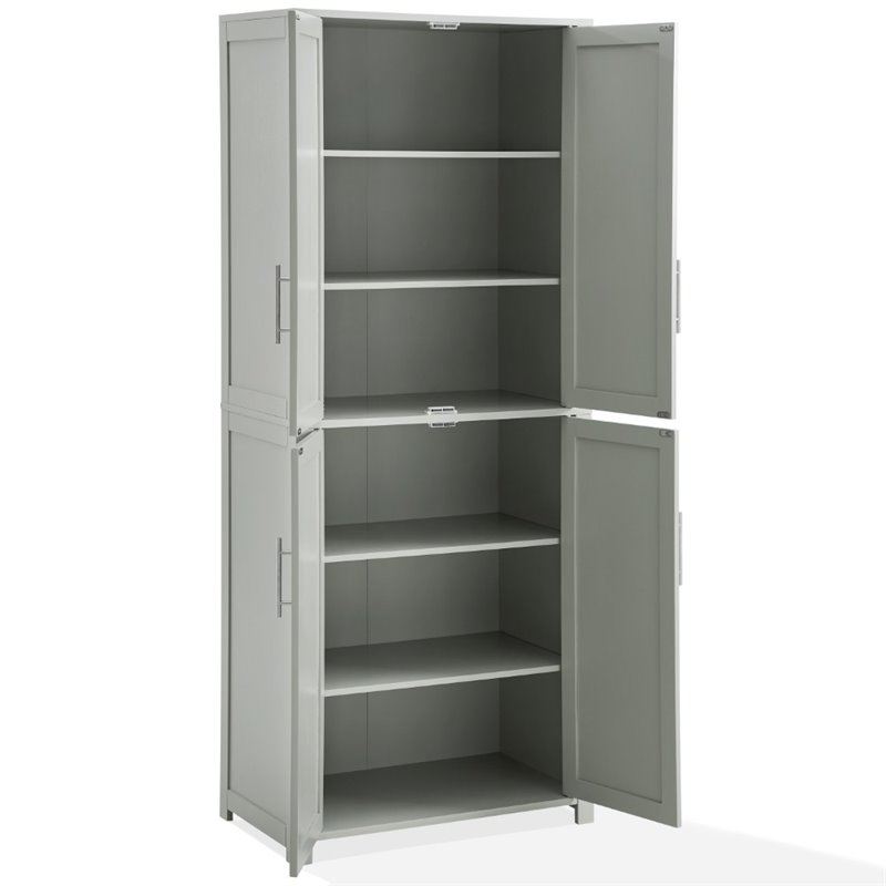 Pemberly Row Wood Tall Pantry with Doors and Shelves in Gray/Nickel