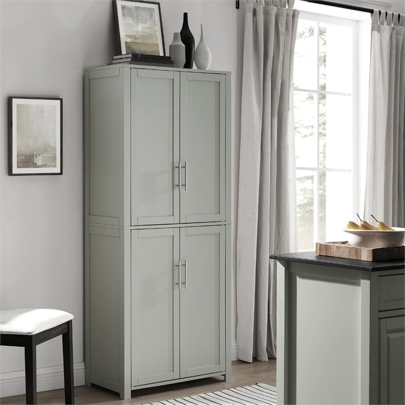 Pemberly Row Wood Tall Pantry with Doors and Shelves in Gray/Nickel