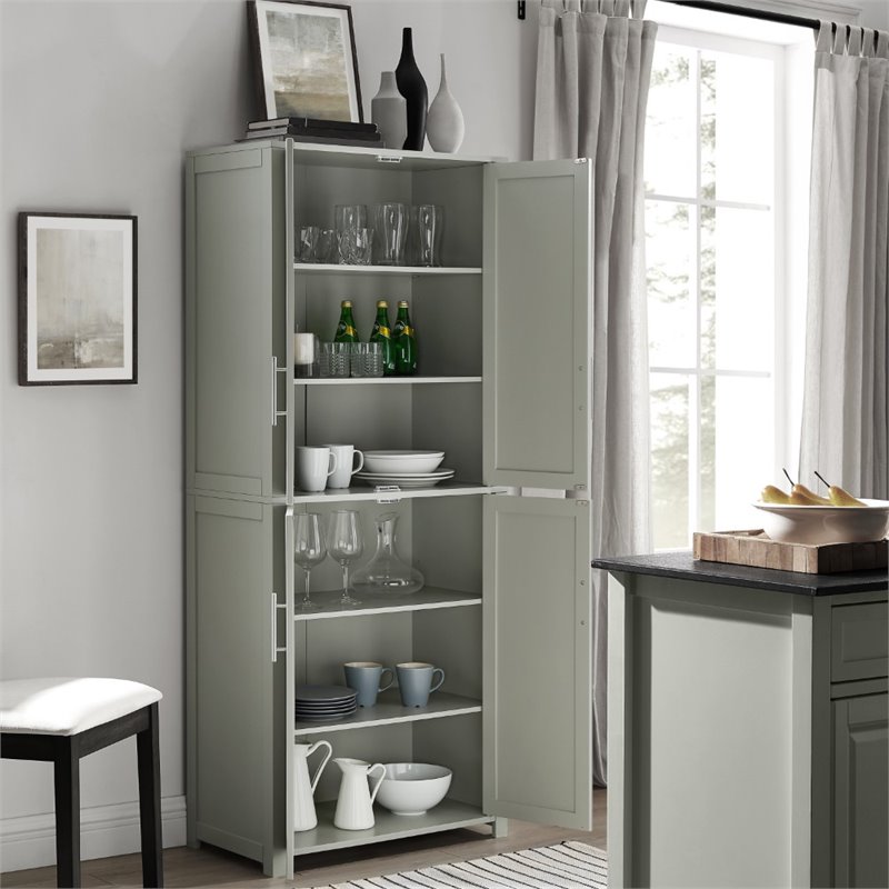 Pemberly Row Wood Tall Pantry with Doors and Shelves in Gray/Nickel