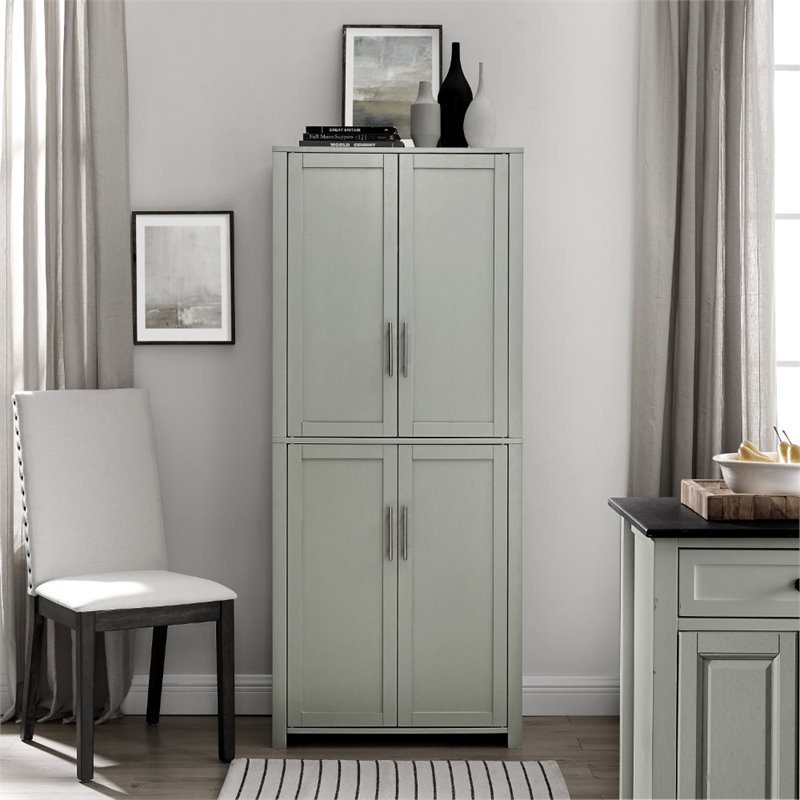 Pemberly Row Wood Tall Pantry with Doors and Shelves in Gray/Nickel