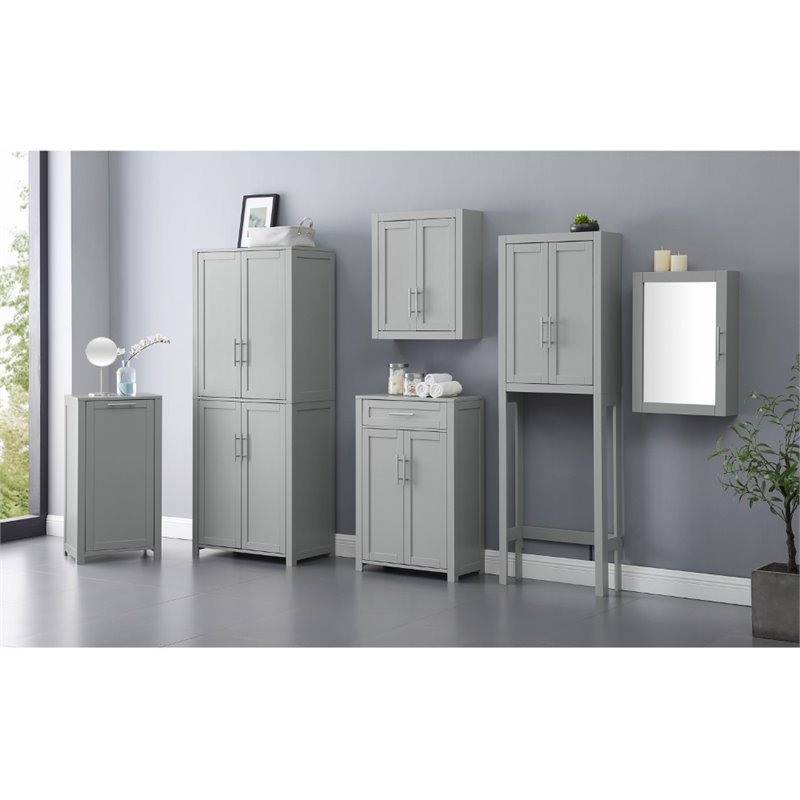 Pemberly Row Wood Tall Pantry with Doors and Shelves in Gray/Nickel