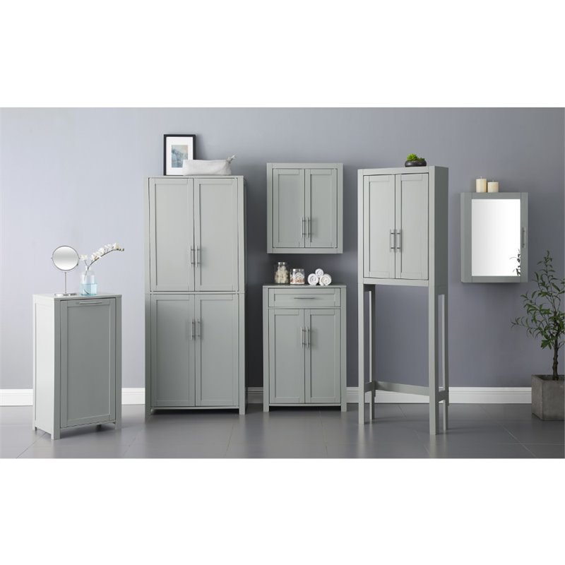 Pemberly Row Wood Tall Pantry with Doors and Shelves in Gray/Nickel