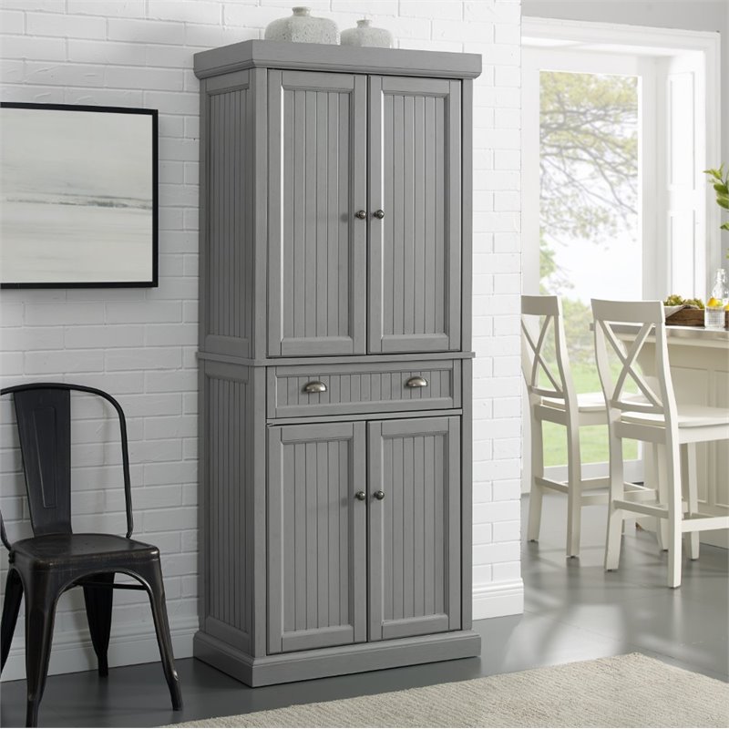 Pemberly Row 2-Cabinet and 2-Door Wood Pantry in Distressed Gray/Gold