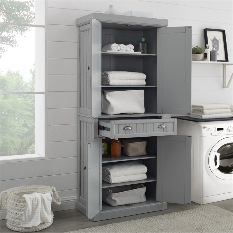 Pemberly Row 2-Cabinet and 2-Door Wood Pantry in Distressed Gray/Gold