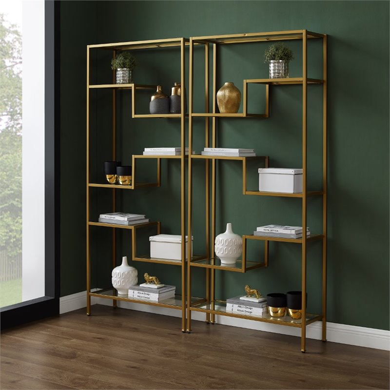 Pemberly Row Metal & Tempered Glass Etagere in Gold/Clear (Set of 2)