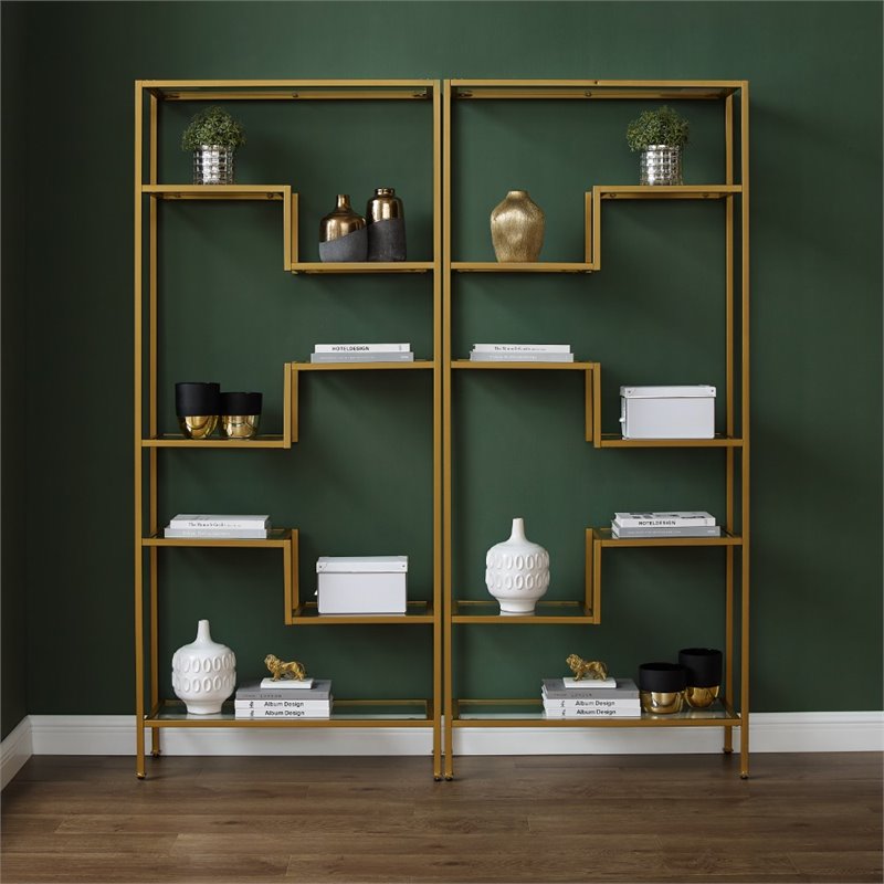 Pemberly Row Metal & Tempered Glass Etagere in Gold/Clear (Set of 2)