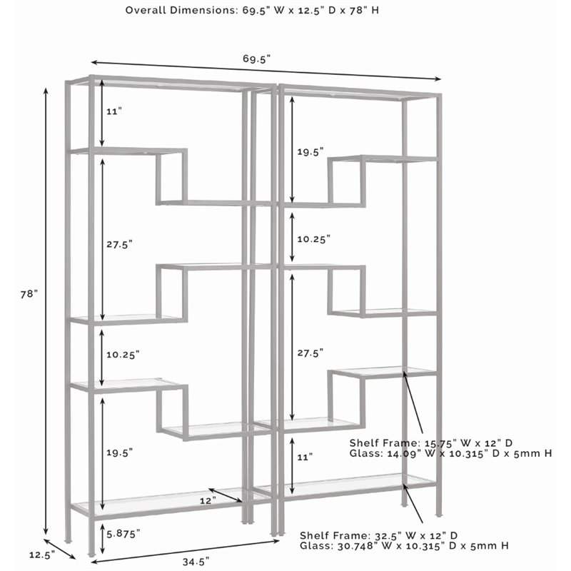 Pemberly Row Metal & Tempered Glass Etagere in Gold/Clear (Set of 2)