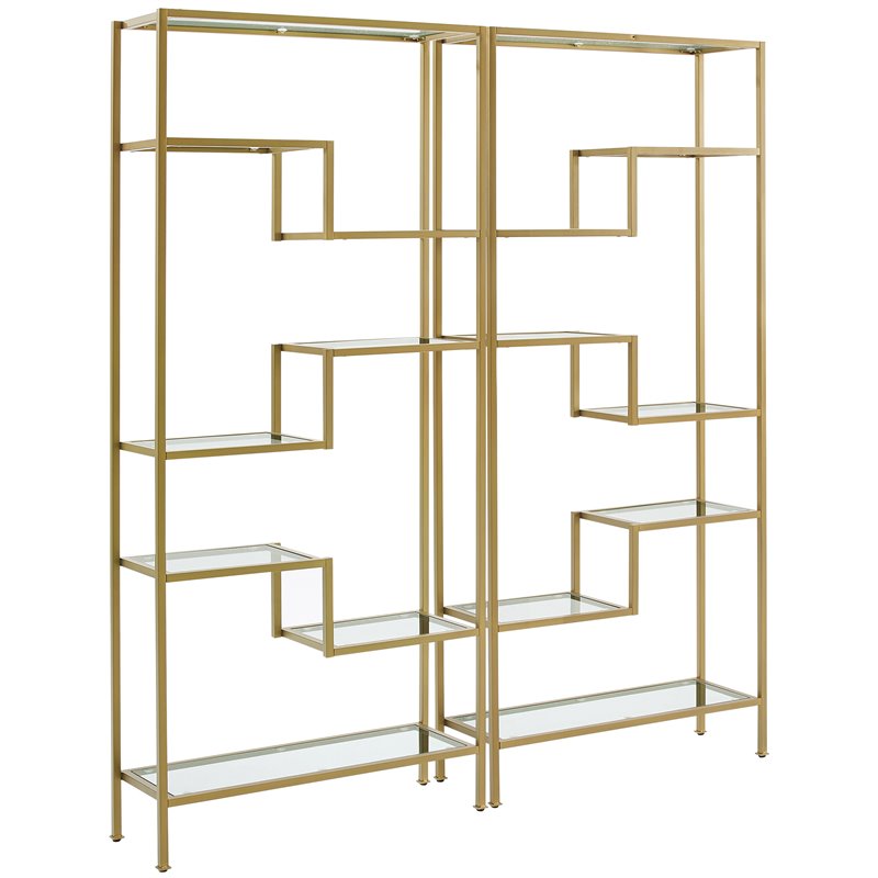 Pemberly Row Metal & Tempered Glass Etagere in Gold/Clear (Set of 2)