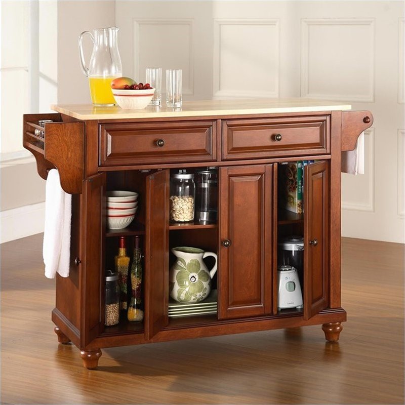 Pemberly Row Modern Natural Wood Top Kitchen Island in Cherry