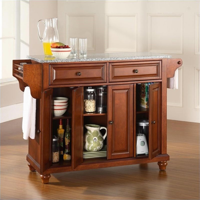 Pemberly Row Modern Gray Granite Top Kitchen Island in Cherry