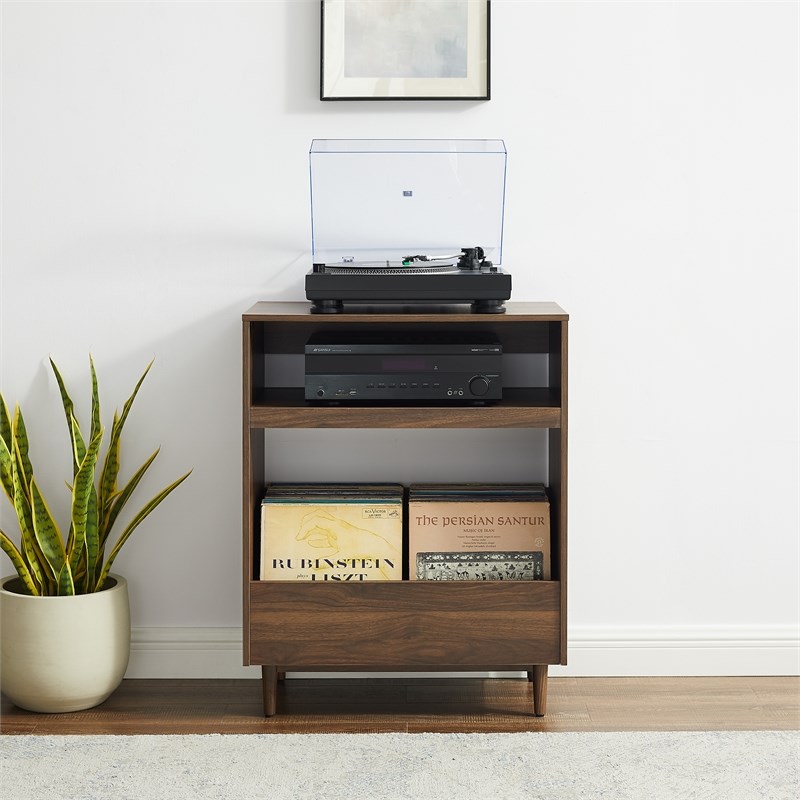 Pemberly Row Modern Wood Record Player Stand with Shelves in Walnut