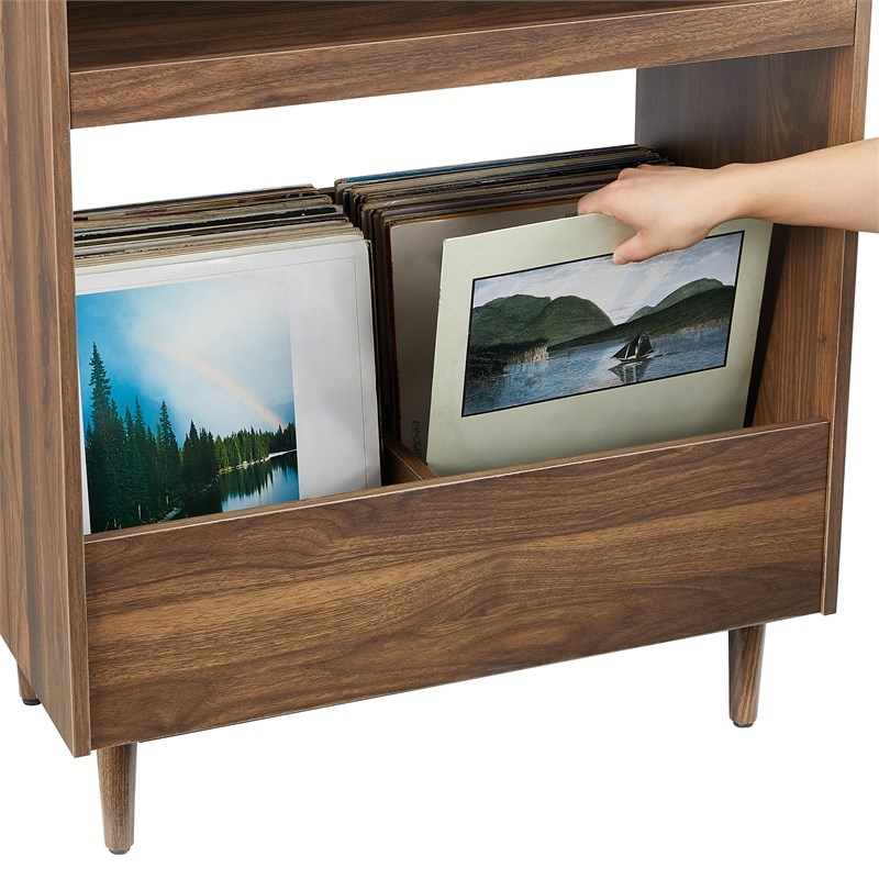 Pemberly Row Modern Wood Record Player Stand with Shelves in Walnut