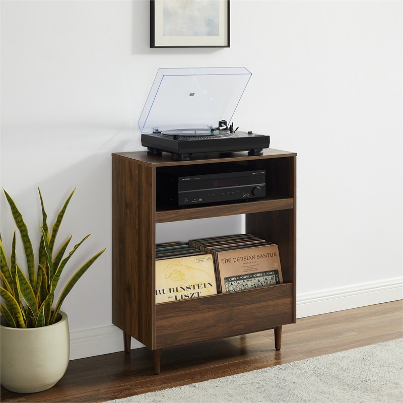 Pemberly Row Modern Wood Record Player Stand with Shelves in Walnut