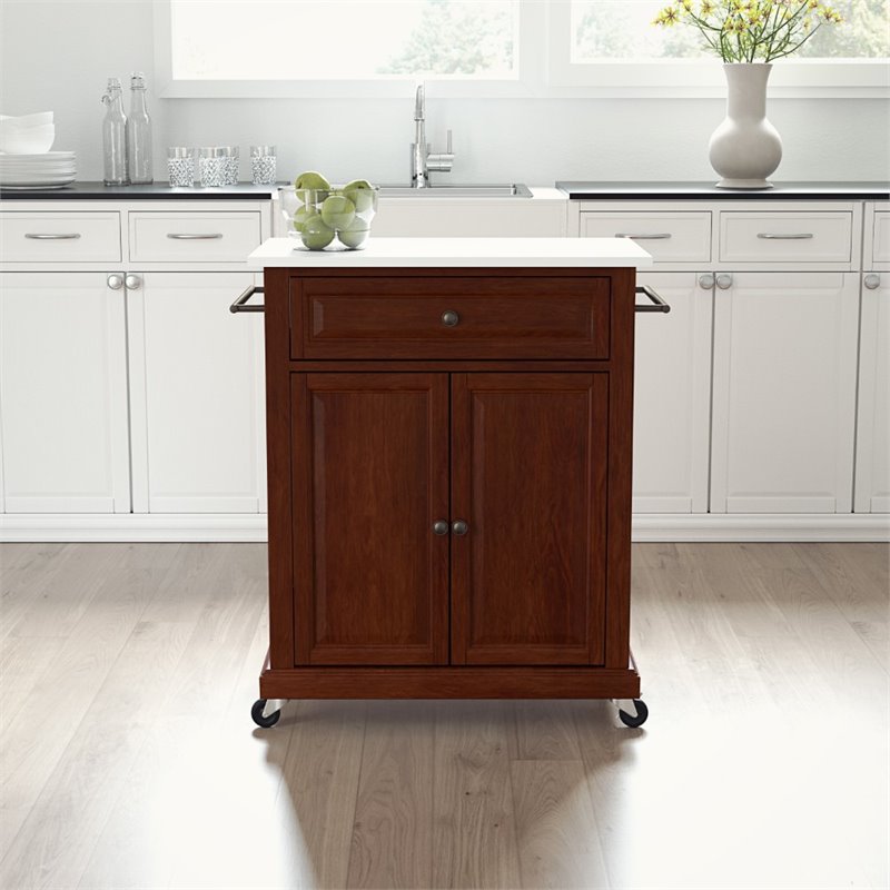 Pemberly Row Wood/Granite Kitchen Cart with Drawer in Mahogany