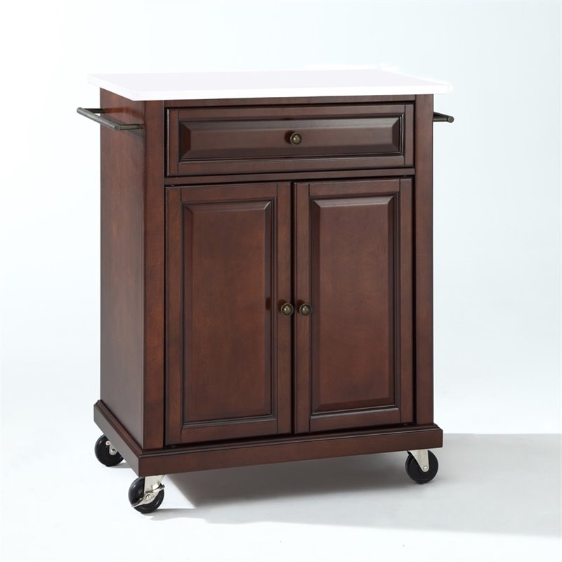 Pemberly Row Wood/Granite Kitchen Cart with Drawer in Mahogany