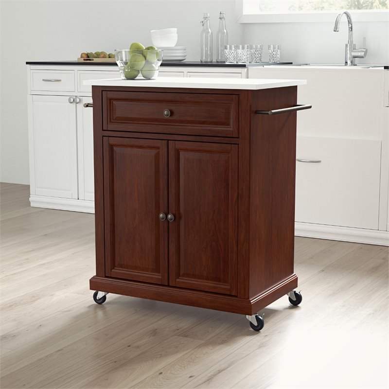 Pemberly Row Wood/Granite Kitchen Cart with Drawer in Mahogany